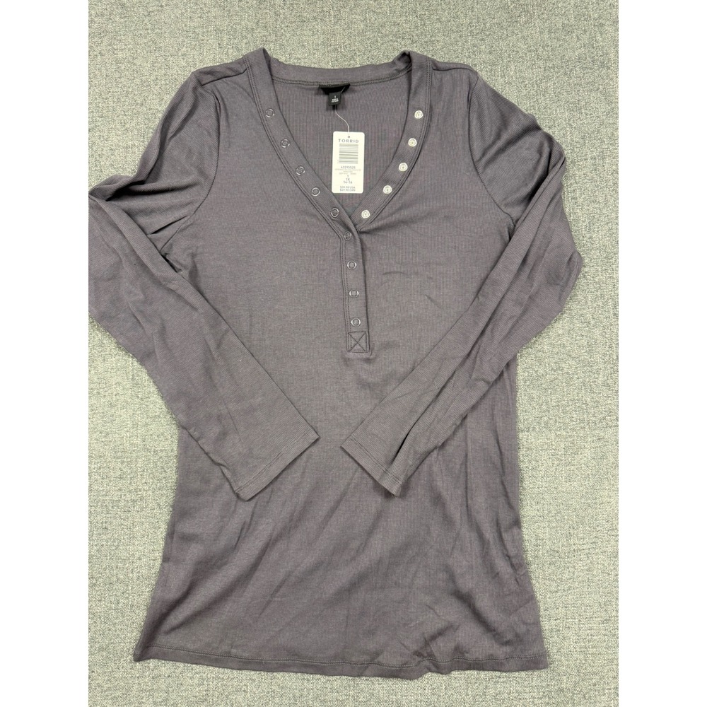 Torrid Periscope Grey Ribbed Cotton Modal Curved Henley Top 1X 14-16 NWT